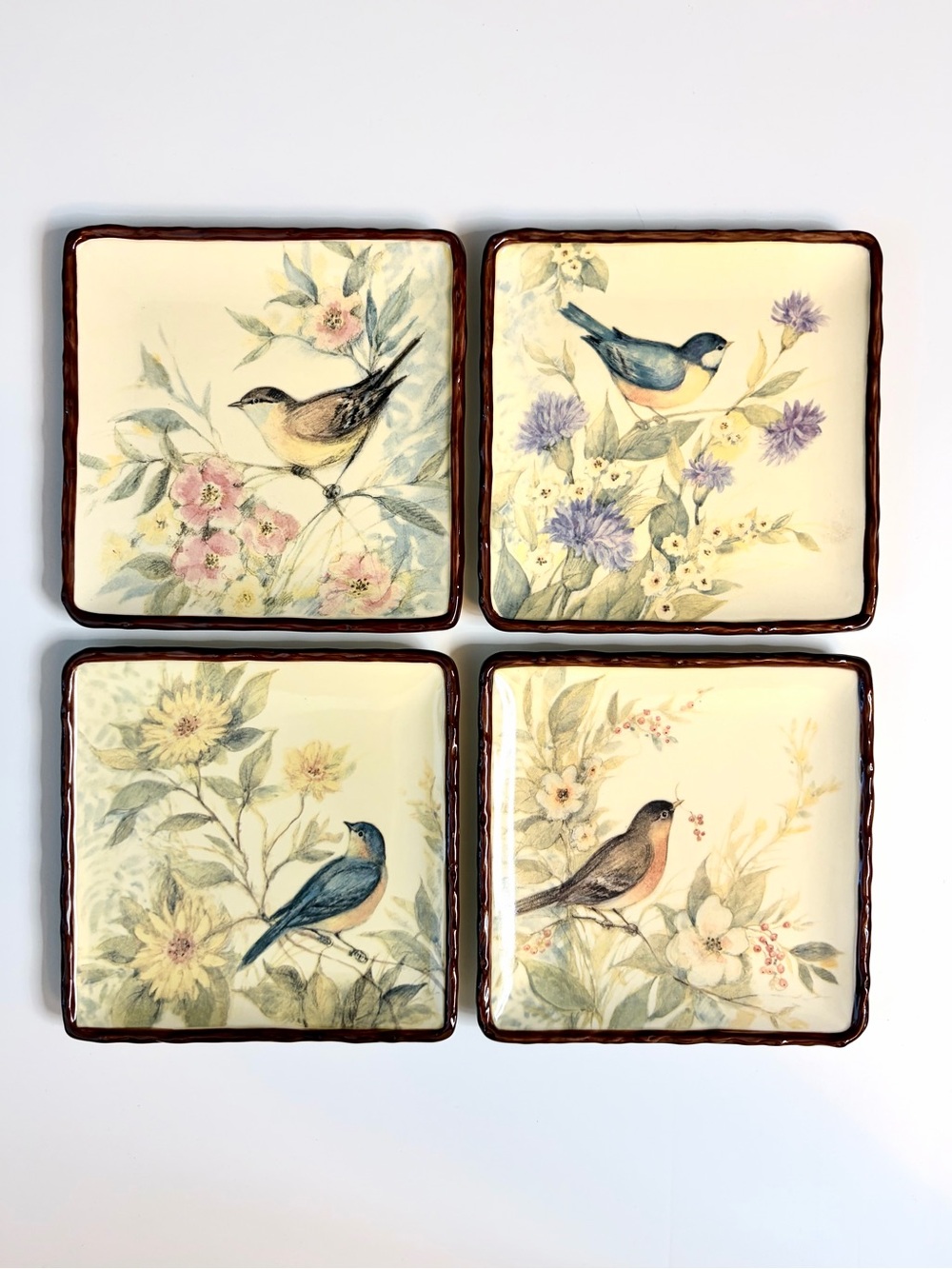 Susan Winget Somerset Song Bird / Flower Plates - Set of 4 - Ceramic Square